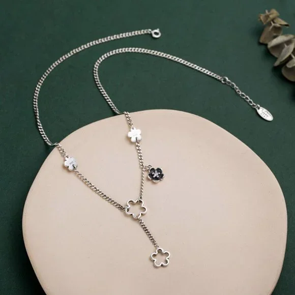 #NEW 925 Sterling Silver Flower Drop Link Chain Necklace - Picture 3 of 4